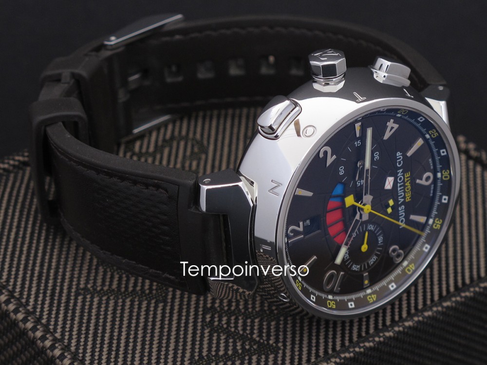 Louis Vuitton Tambour - LV Cup Automatic Regate Fly-Back Chronograph, Ref.  Q 1021. Made circa 2003. Fine and rare, large, self-winding,  water-resistant, stainless steel wristwatch with square button fly-back  chronograph, register, date